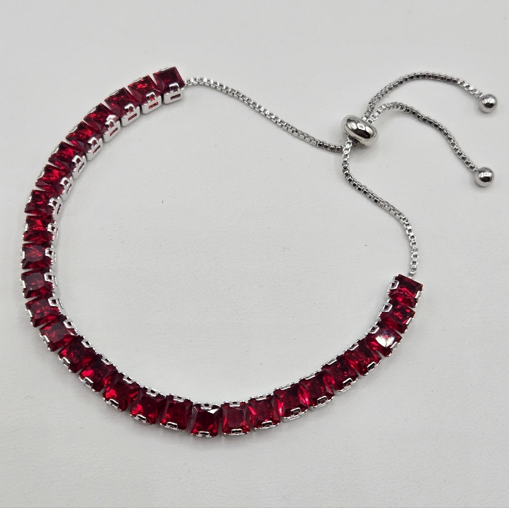 Silver Bracelet with Red Square Stones - Women Jewelry - Picture 2 of 9